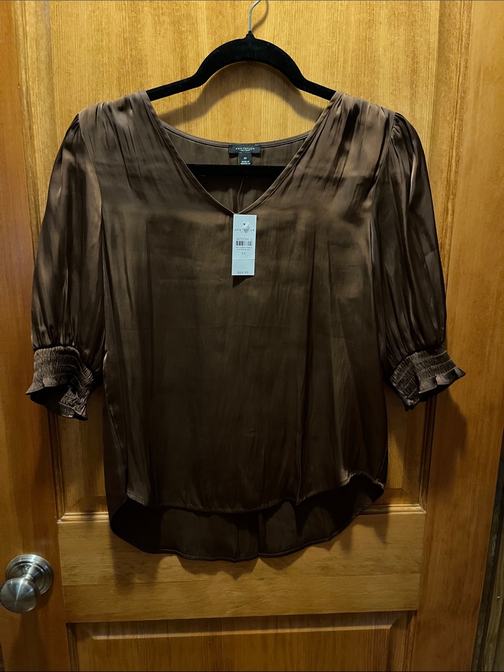 Ann Taylor Brown Satin V-Neck Puff Sleeve Blouse